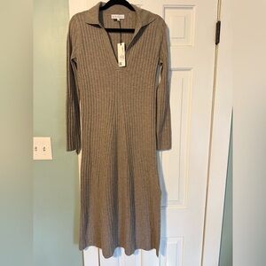 White + Warren Long Sleeve Ribbed Dress in Beige